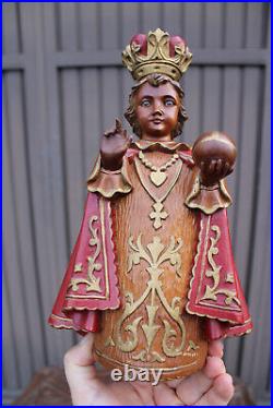 Antique wood carved glass eyes jesus of prague statue figurine