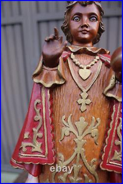 Antique wood carved glass eyes jesus of prague statue figurine