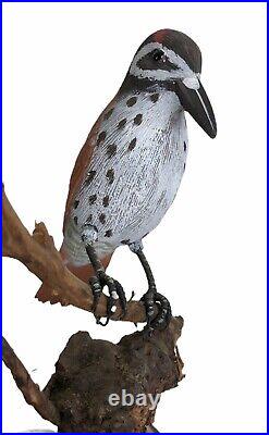 Bird on Perch Hand Carved Painted Wood Folk Art Glass Eyes Red Feathers