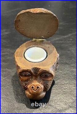 Black Forest Monkey Head Glass Eyes Carved Wood Inkwell
