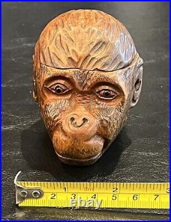 Black Forest Monkey Head Glass Eyes Carved Wood Inkwell