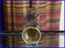 Black Forest Wood Bear Glass Eyes Brass Bowl Inkwell Marked Luzern 4.5 Long