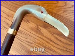 Carved Swiss Victorian Cane, Multi-Colored Horn Shore Bird, Glass Eyes, Stunning