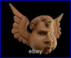 Carved WOOD ANGEL, Mexican Wood Angel Mask GLASS EYES, Windblower Angel