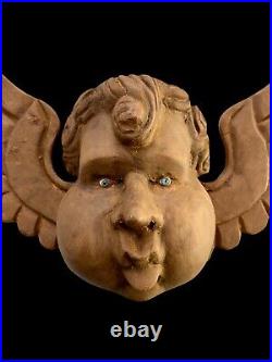 Carved WOOD ANGEL, Mexican Wood Angel Mask GLASS EYES, Windblower Angel