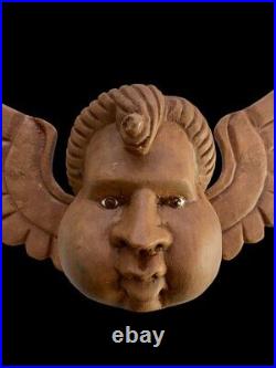 Carved WOOD ANGEL, Mexican Wood Angel Mask GLASS EYES, Windblower Angel #1