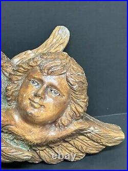 Carved Wood 3 Faces Cherub With Glass Eyes