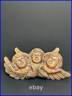 Carved Wood 3 Faces Cherub With Glass Eyes