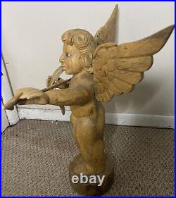 Carved Wood Angel Cherub Glass Eyes RelMexican Folk Art Antique 19 Tall Cupid