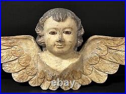 Carved Wood Antique Finished Cherub With Glass Eyes #a24