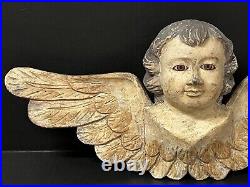Carved Wood Antique Finished Cherub With Glass Eyes #a24