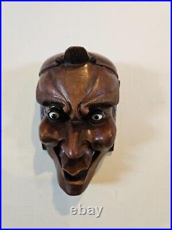 Carved Wood Devil Mask Head Glass Eyes Wall Hanging