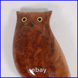 Glass Eyes Carved 13 Burl Wood Owl Signed Bob Krenz 2019 Mid Century Mod Style