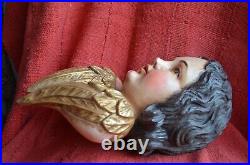 Hand Carved Wood Polychromed Santos Angel / Cherub / Putti Head Glass Eyes 12'