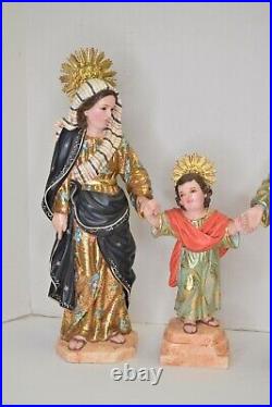 Hand Carved Wood Statues of the Holy Family + Jesus, Mary, Joseph, glass eyes