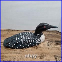 Hand Painted Artisan Carved Solid Wood Body Loon Decoy Red Glass Eyes 12 x 4.5