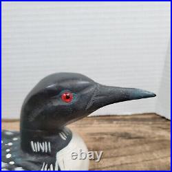 Hand Painted Artisan Carved Solid Wood Body Loon Decoy Red Glass Eyes 12 x 4.5