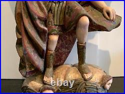 Impressive 26 Carved Wood Polychrome Statue of the Archangel Michael Glass Eyes