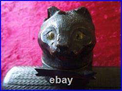 J5167 Antique Black Forrest Wood Carved Cat Ink Well Glass Eyes See Descrip