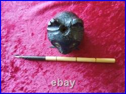 J5167 Antique Black Forrest Wood Carved Cat Ink Well Glass Eyes See Descrip