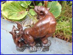 Japanese Antique wood carved tiger statue on wood base and glass eyes