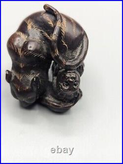 Japanese Carved Wood Netsuke Tiger & Cub Signed, Meiji Period, Glass Eyes