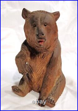 Large 7.5 inch Tall Antique Black Forest Hand Carved Seated Bear Glass Eyes