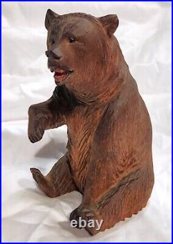 Large 7.5 inch Tall Antique Black Forest Hand Carved Seated Bear Glass Eyes