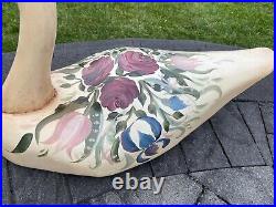 Large Swan Hand Carved Hand Painted Floral Artist Signed With Glass Eyes 28x21