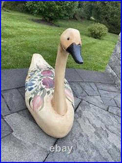 Large Swan Hand Carved Hand Painted Floral Artist Signed With Glass Eyes 28x21