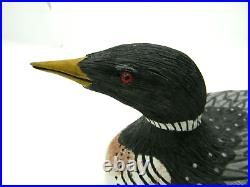 Loon Hand Carved Wood Figurine Statue Hand Painted Glass eyes Signed HW