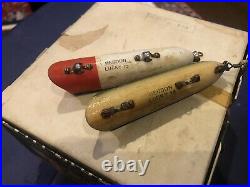 Lot Of 2 Vintage Heddon Lucky 13 Wood Green Scale 1940s Glass Eye & Red/White