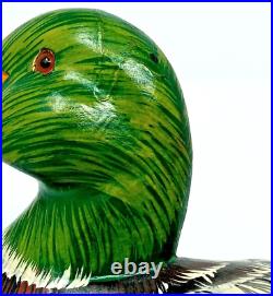 Mallard Duck Decoy carved painted Wood glass eyes wooden 12 long 6 tall euc