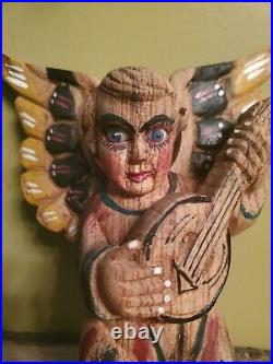 Mexican Folk Art Wood Cherub Angel Glass Eyes Carved Hand Painted Mandolin