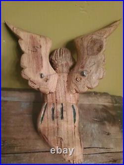 Mexican Folk Art Wood Cherub Angel Glass Eyes Carved Hand Painted Mandolin