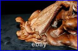 Old Japanese Root Wood Carving Fisherman wi/ Net of Fish Glass Eyes and Teeth