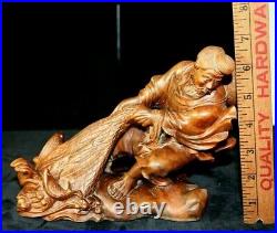 Old Japanese Root Wood Carving Fisherman wi/ Net of Fish Glass Eyes and Teeth