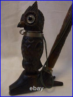 Pipe Owl Glass Eyes Wood Carved Vintage German #D
