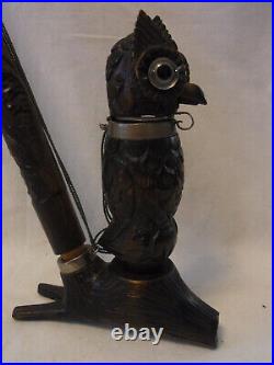 Pipe Owl Glass Eyes Wood Carved Vintage German #D
