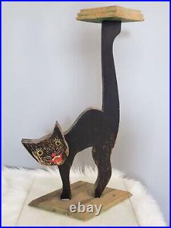 RARE Antique Halloween Cat Glass Eyes Wood Tray Stand Ashtray Primitive Folk Art