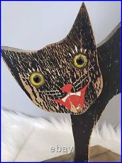 RARE Antique Halloween Cat Glass Eyes Wood Tray Stand Ashtray Primitive Folk Art