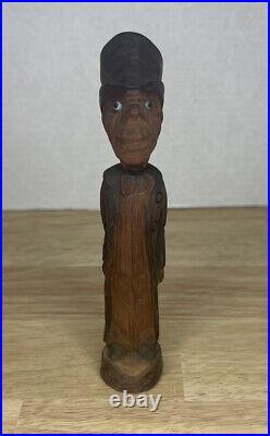 Rare Antique Carved Wood Folk Art Tobacco Pipe Figure Man With Top Hat Glass Eyes