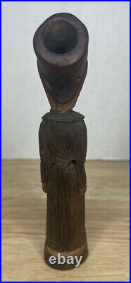 Rare Antique Carved Wood Folk Art Tobacco Pipe Figure Man With Top Hat Glass Eyes