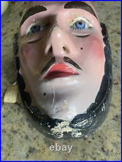 Rare vintage mask, wood carved, Gesso Polychrome glass eyes