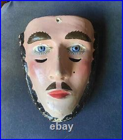 Rare vintage mask, wood carved, Gesso Polychrome glass eyes