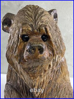 Solid Wood Chainsaw Carved Bear Sculpture with Glass Eyes Signed Rustic Cabin