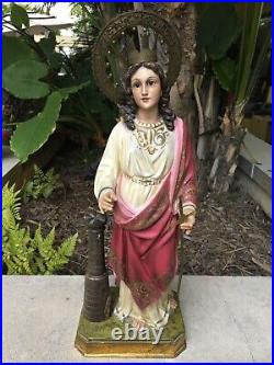 VTG Santa Barbara Church Quality Statue Wood Plaster Glass Eyes Imported Spain