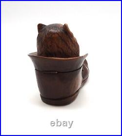 Very Rare Antique Black Forest Wood Glass Eyes Cat Shoe Inkwell Secret Box 1890