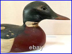 Vint Wood Red-breasted Merganser Duck Decoy, Glass Eyes, Crack in Neck, Unsigned