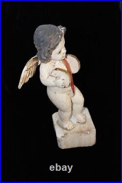Vintage Antique Carved Wood statue Polychromed Angel Cherub Putti Glass Eyes